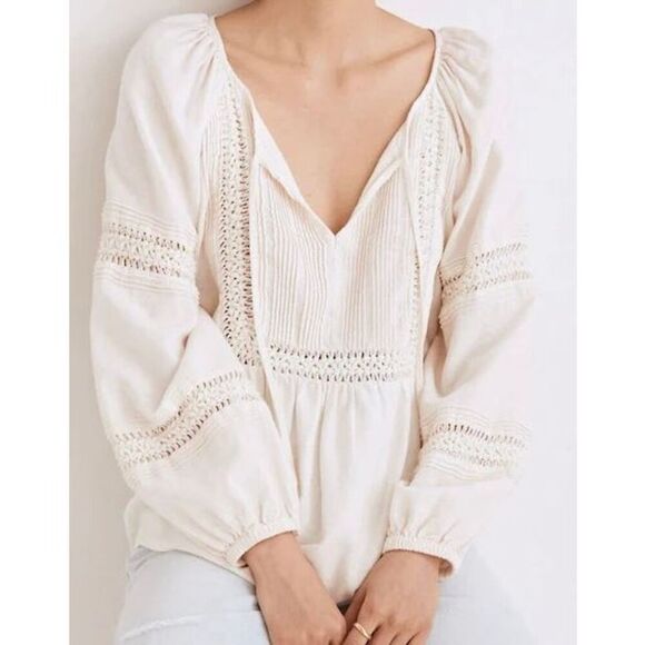 NWT Madewell‎ Linen Blend Pintuck Cream Peasant Top Size 2X *Sold Out Online* - Picture 1 of 9